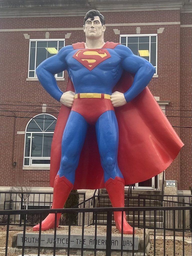 Superman statue in downtown Metropolis, Illinois, a landmark near Metropolis IL Real Estate
