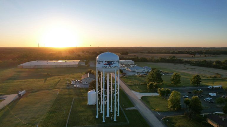 "Metropolis Illinois water tower painted with Superman and slogan 'Home of Superman', symbolizing the city’s superhero heritage"